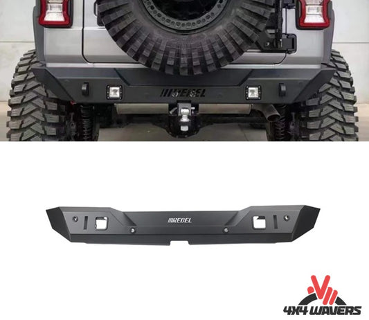 4X4WAVERS Rear Bumper - Rebel Style with Sensor Holes (Powder Coated Steel) - Jeep Wrangler JL/JLU/4XE 2018+ - 4X4 WAVERS
