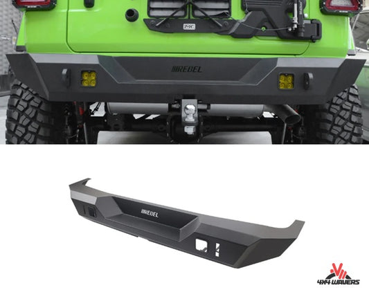 4X4WAVERS Rear Bumper - Rebel Style without Sensor Holes (Powder Coated Steel) - Jeep Wrangler JL/JLU/4XE 2018+ - 4X4 WAVERS