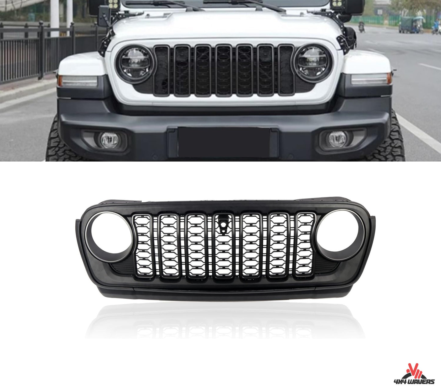 4X4WAVERS Amélioration du style 2025 Calandre avant - avec trou pour caméra - Jeep Wrangler JL/JLU/4XE/JT 2018-2025