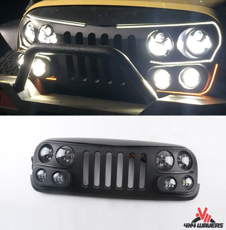 4X4WAVERS Front Grille - Oracle Streamer Style with Full LED Lighting Kit Headlights and Fog Lights - Jeep Wrangler JK/JKU 2007-2018 - 4X4 WAVERS