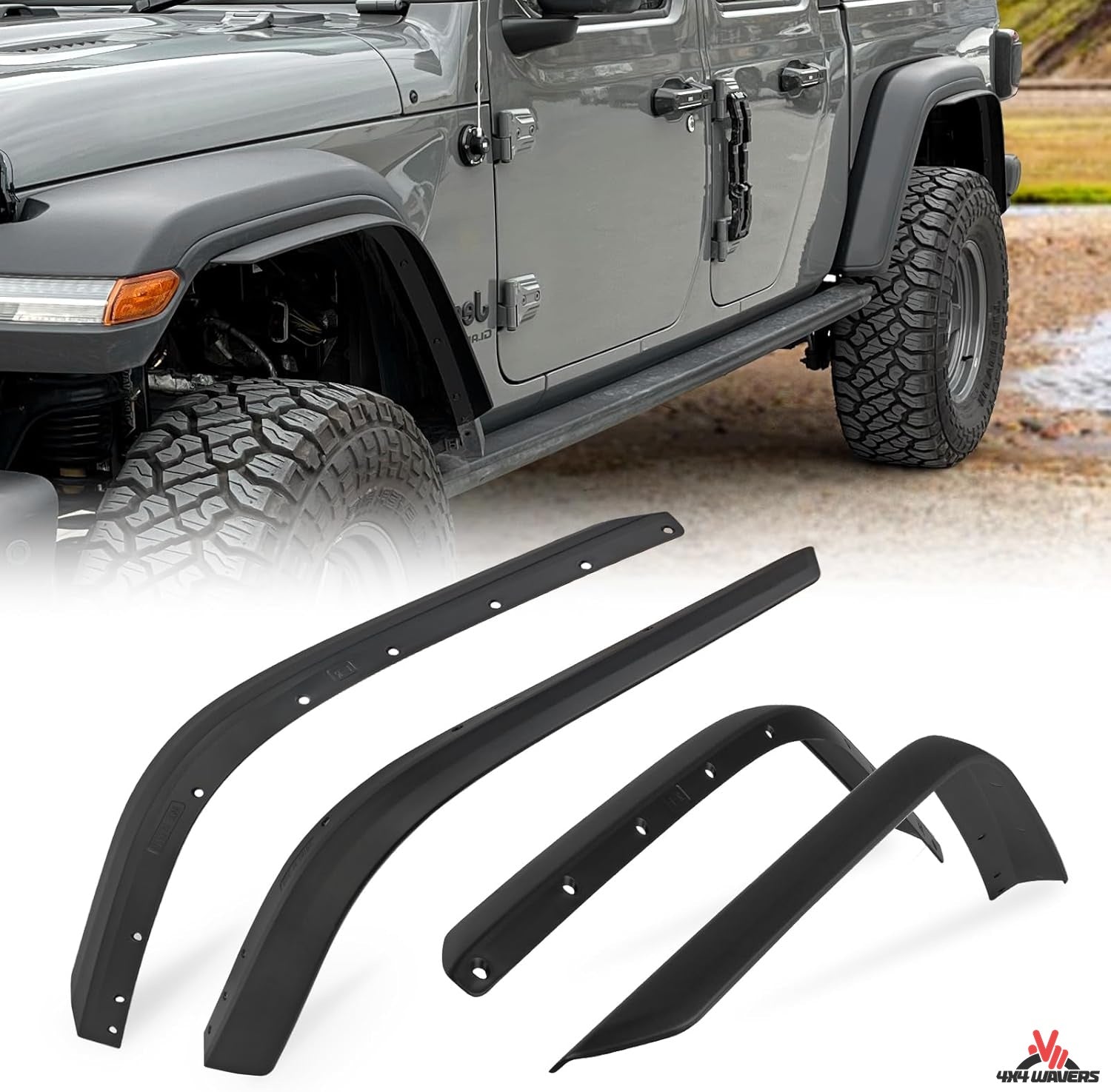 4X4WAVERS  Fender Flares Trim Extension Protector - Jeep Wrangler JT Gladiator 2019+ (high fenders like Rubicon) - 4X4 WAVERS