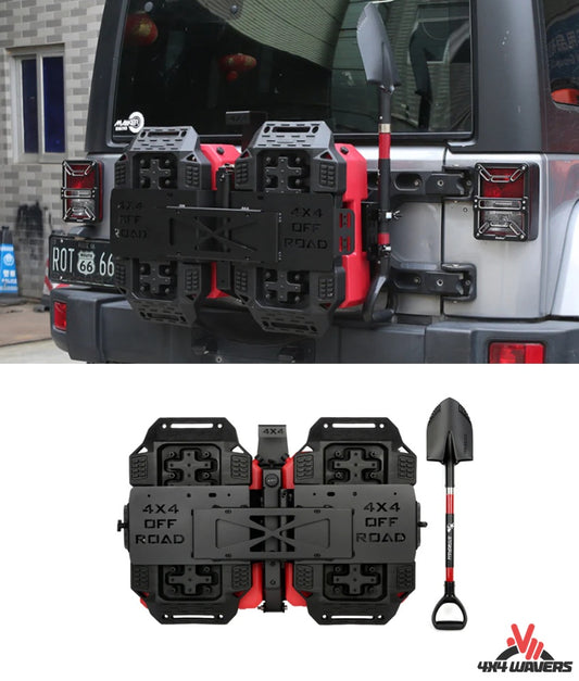 4X4WAVERS Tailgate Equipment - Rear Integrated Kit with 2 Gas Cans Tanks and 2 Traction Boards & Shovel - All-Terrain Offroad Style - Jeep Wrangler JK/JKU/JL/JLU/4XE 2007+ - 4X4 WAVERS
