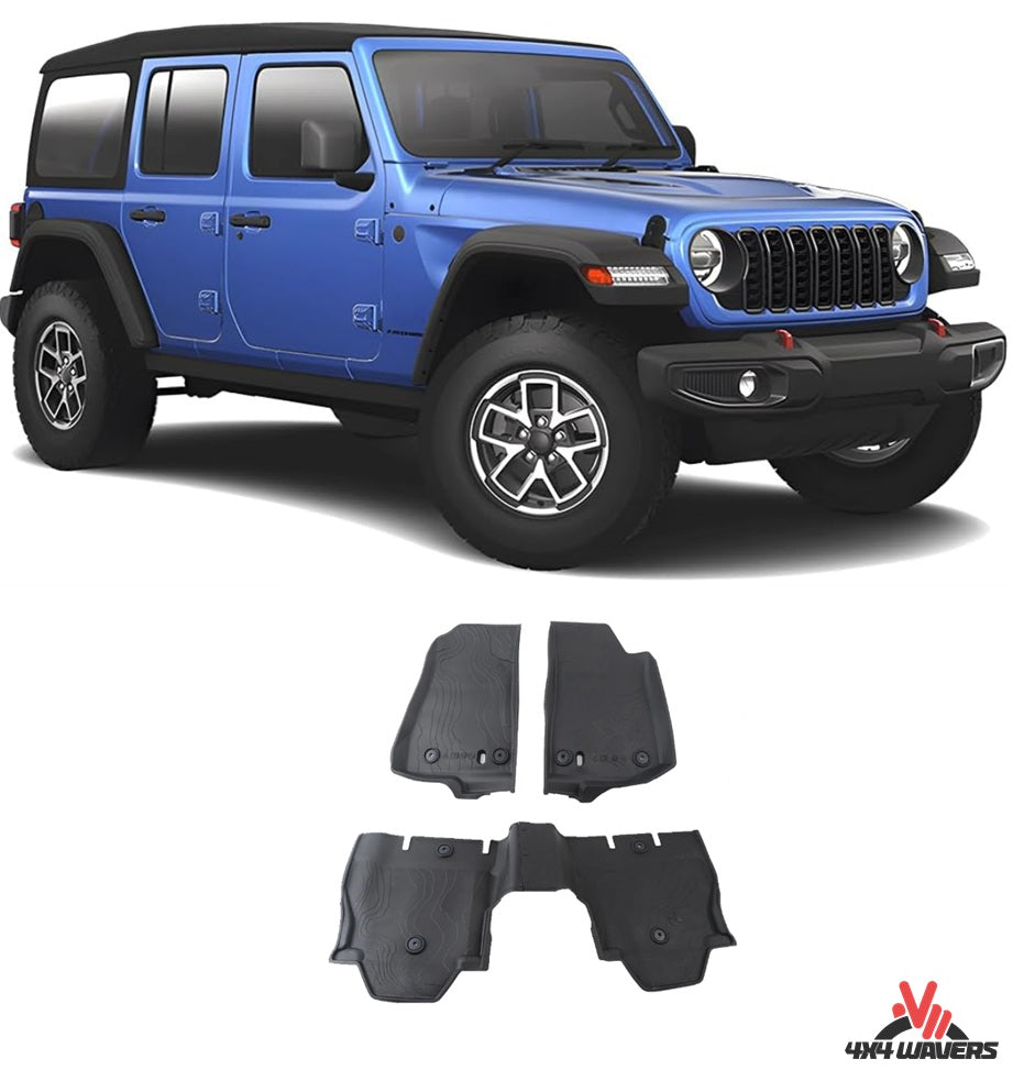 4X4WAVERS 3D Floor Mat Kit - Offroad Topographic Style - Heavy Duty TPE - Jeep Wrangler JLU 2018+ (4 doors) (not for 4XE or JT) - 4X4 WAVERS