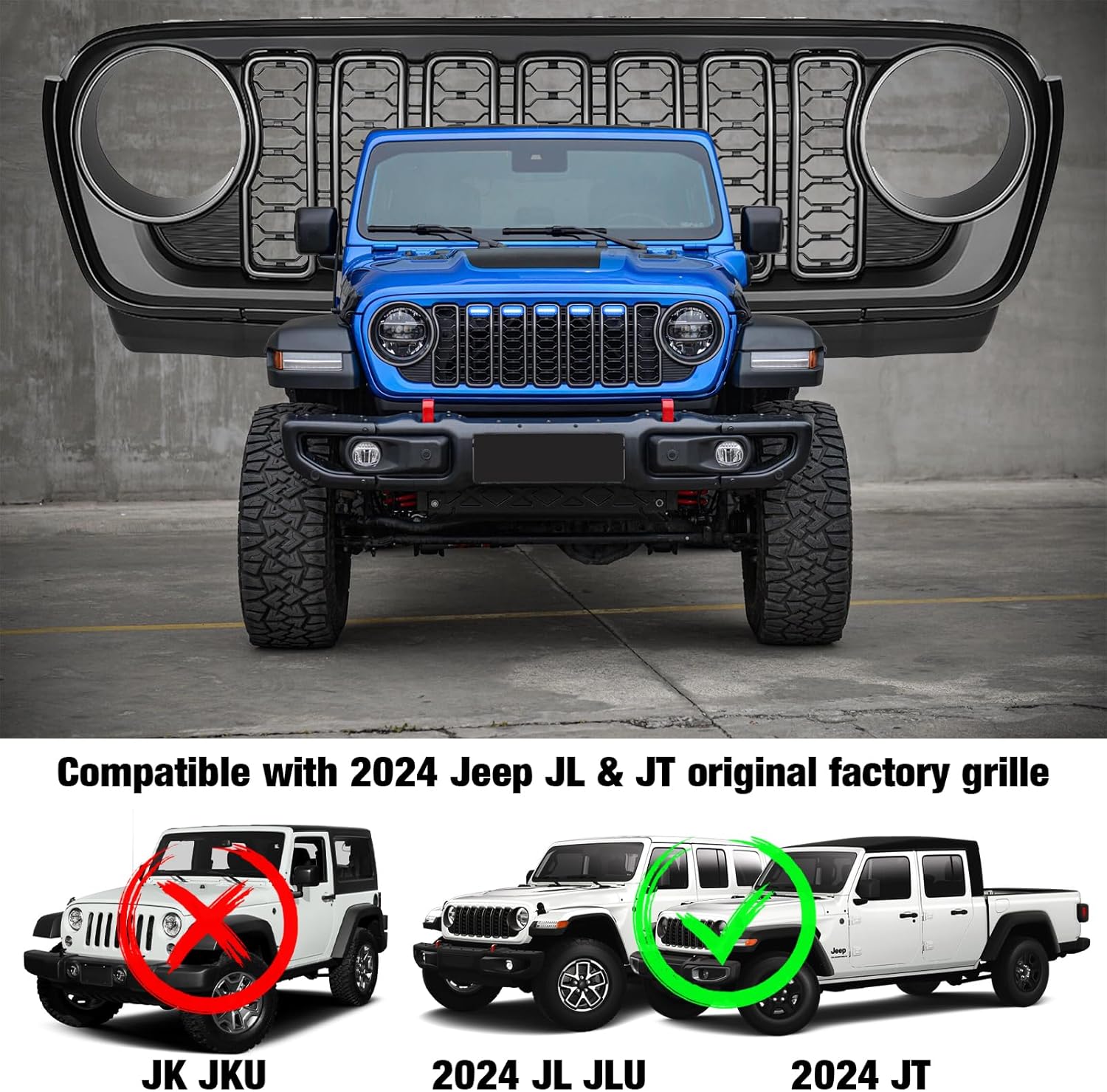 4X4WAVERS Grille Inserts Light Running LED - RGB Multi Color Smart Music Sync - Jeep Wrangler JL/JLU/4XE/JT 2024+ - 4X4 WAVERS