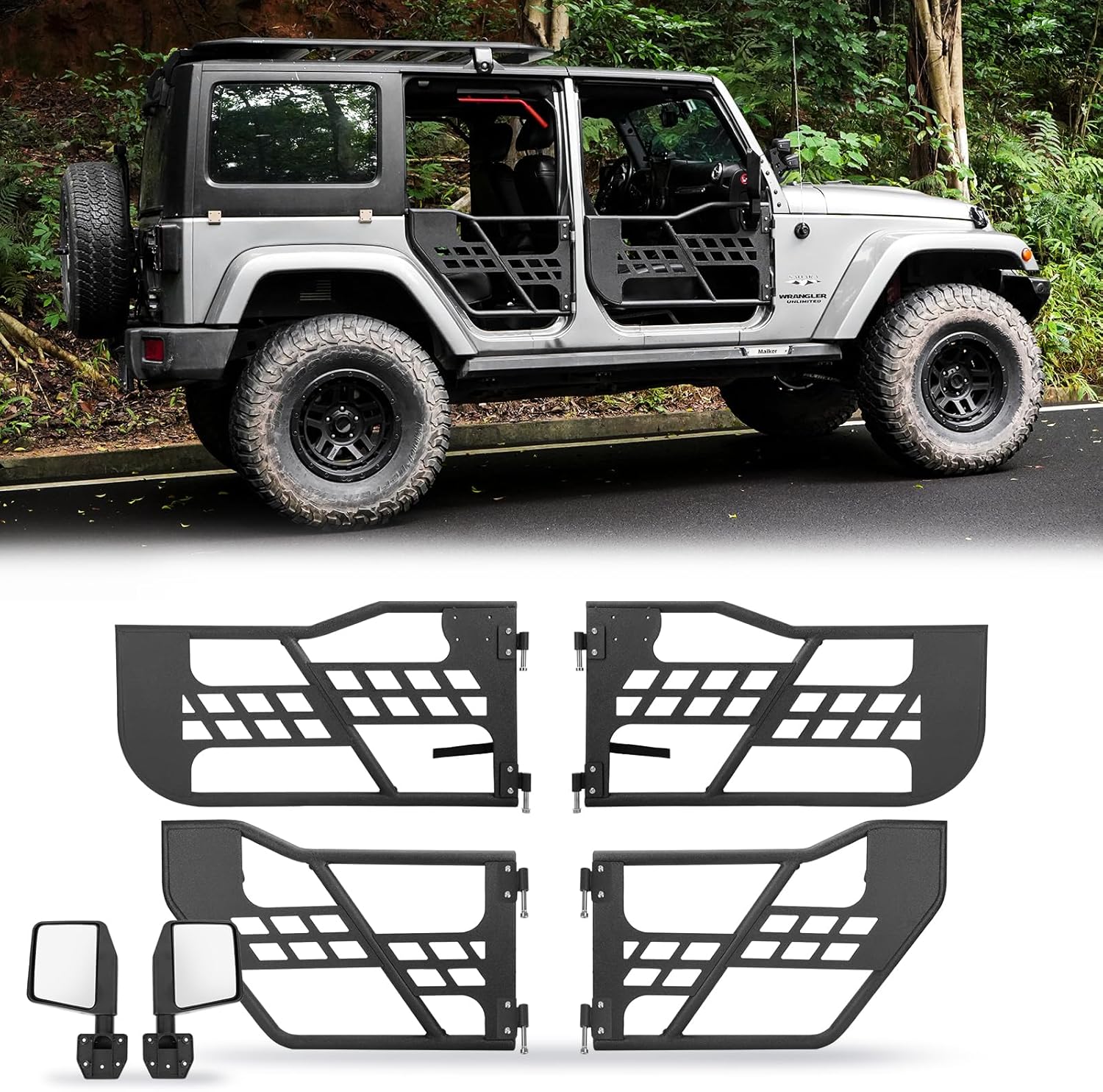 4X4WAVERS Tube Door 4 Doors With Rearview Mirror - Hunting Style - Jeep Wrangler JKU 2007-2018 (4 doors) - 4X4 WAVERS