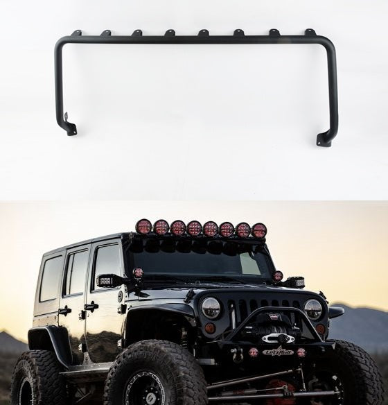 4X4WAVERS Windshield Offroad Lights Armor Mount Bar - Black Powder Coated Metal - Up to 8 Lights - Jeep Wrangler JK/JKU 2007-2018 - 4X4 WAVERS