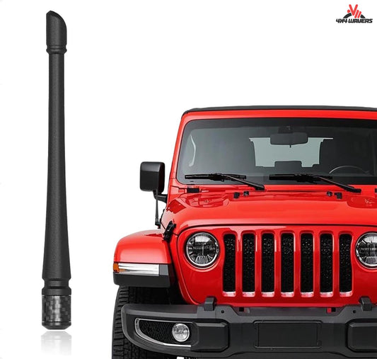 4X4WAVERS 7 Inch Heavy Duty Flexible Rubber Short Antenna - Carbon Fiber Style Base - All Jeep Wrangler Models 1997-2023 - 4X4 WAVERS