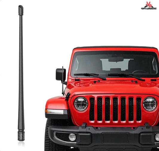 4X4WAVERS 13 Inch Heavy Duty Flexible Rubber Short Antenna - Carbon Fiber Style Base - All Jeep Wrangler Models 1997-2023 - 4X4 WAVERS