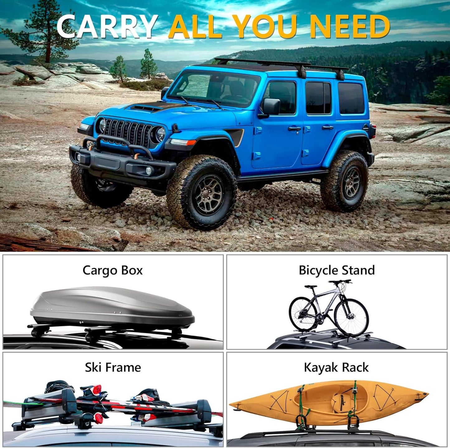 4X4WAVERS Premium Roof Rack Cross Bars with Security Lock - All Jeep Wrangler Models 2007+