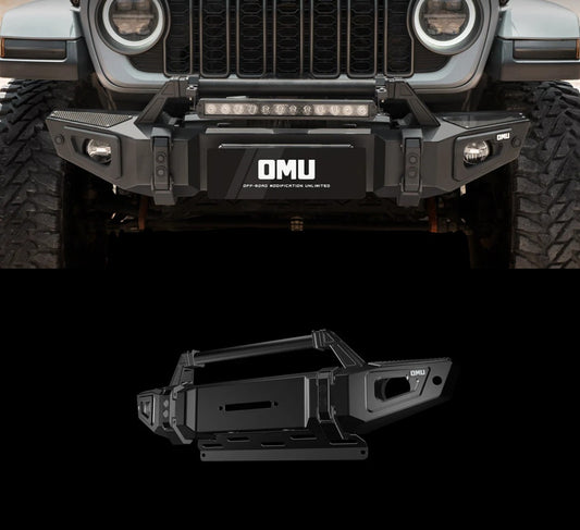 OMU Genesis Series Premium Front Bumper - Aluminum And Steel with Carbon Fiber Finishing - Jeep Wrangler JL/JLU/4XE/JT 2018+ - 4X4 WAVERS