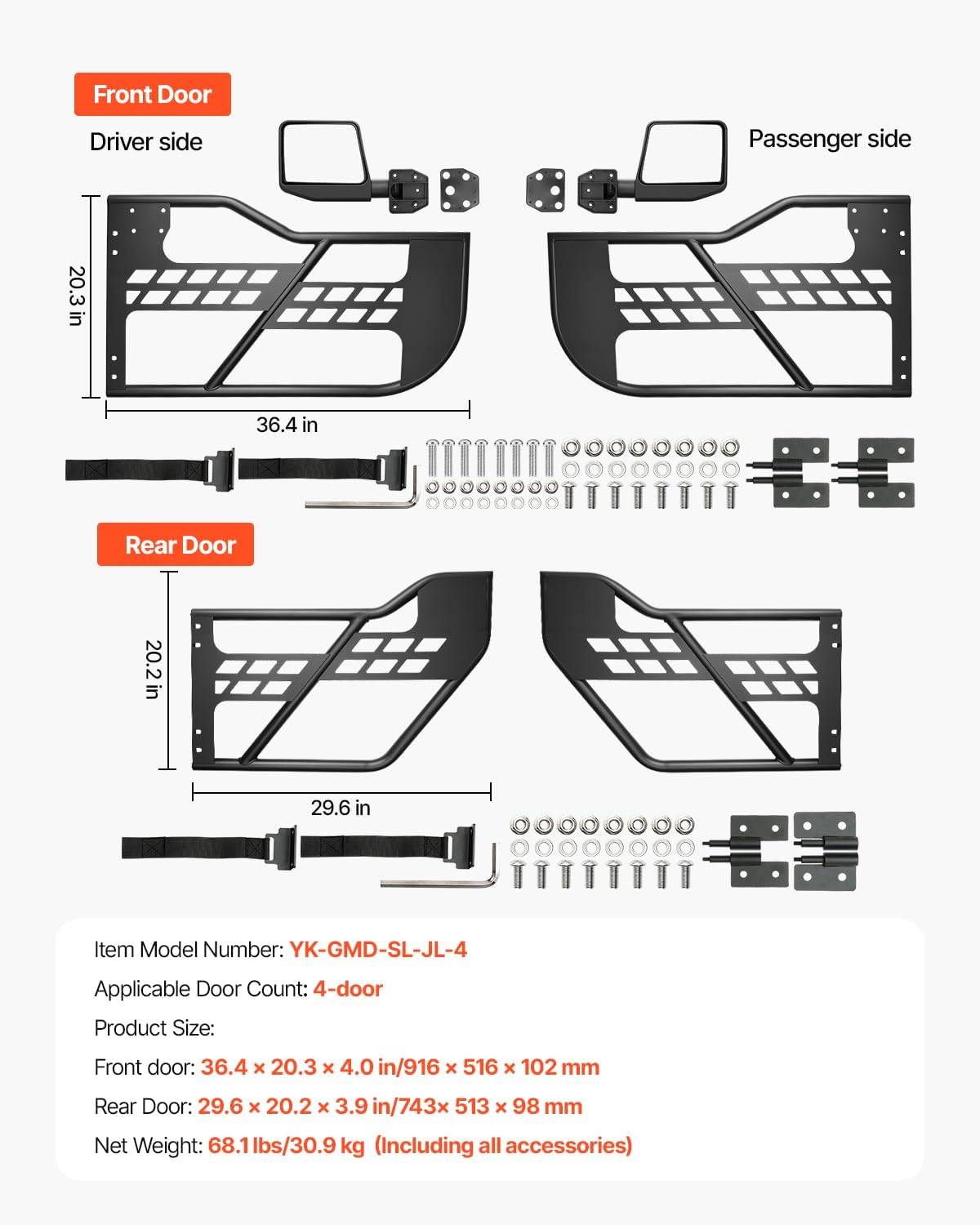 4X4WAVERS Tubular Half Doors with Side Rearview Mirrors - Freedom Style - Jeep Wrangler JLU/4XE/JT 2018+ - 4X4 WAVERS