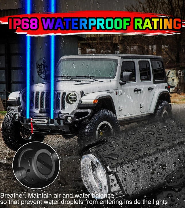 4X4WAVERS UTV RGB Laser Whip Light Kit - Off Road Chasing LED Straight Light with Remote Control - Universal - 4X4 WAVERS