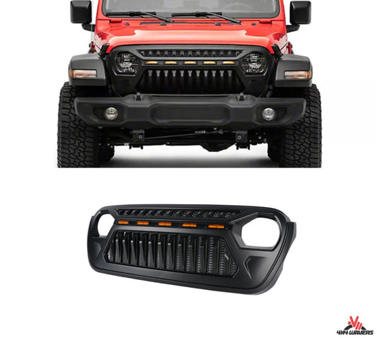 4X4WAVERS Psycho Gecko Series IV Grille with 5 Amber LED Lights and Metal Mesh  - Jeep Wrangler JL/JLU/4XE/Gladiator-JT 2018+