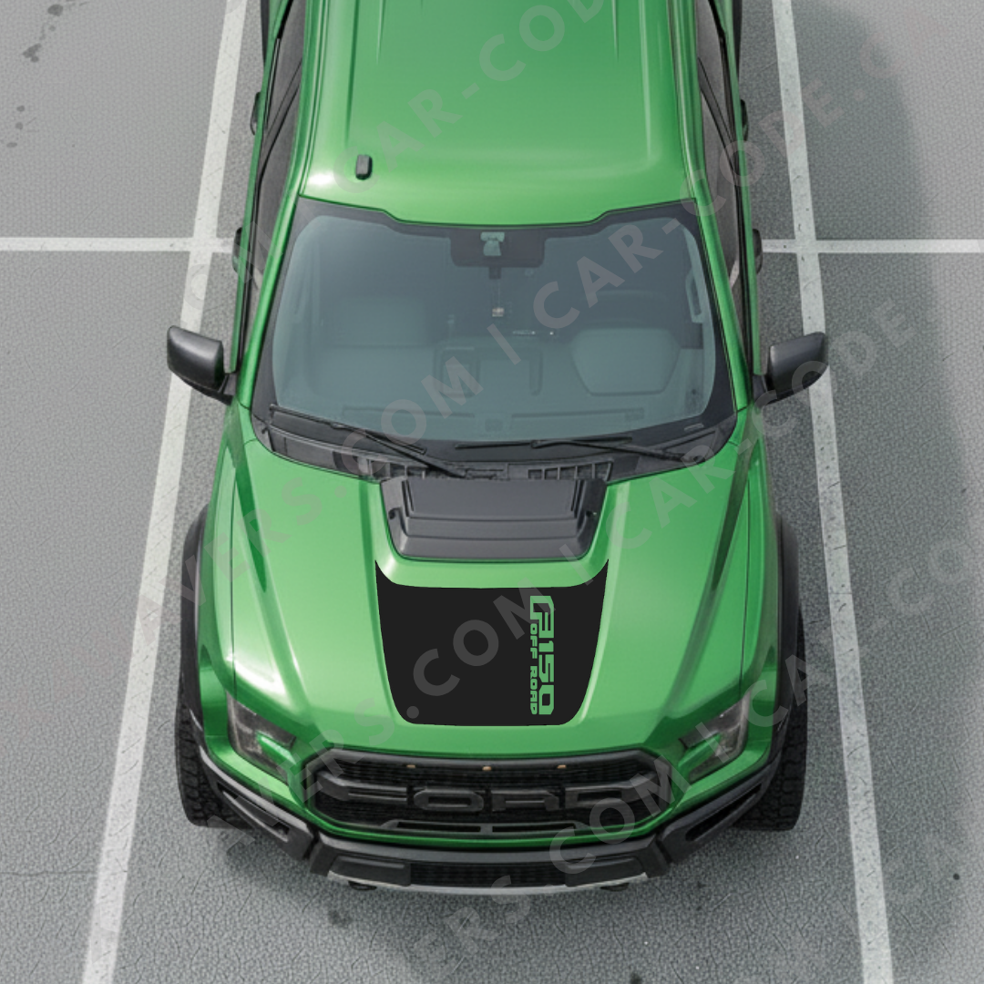 Ford F-150 Raptor Panneau de Capot – Texte de Bannière Latérale (exemple : « F150 OFF ROAD ») – Orange/Gris/Rouge/Bleu/Tan/Vert – 2017–2025 – Vinyle Découpé Mat Imprimé 3M ou Avery