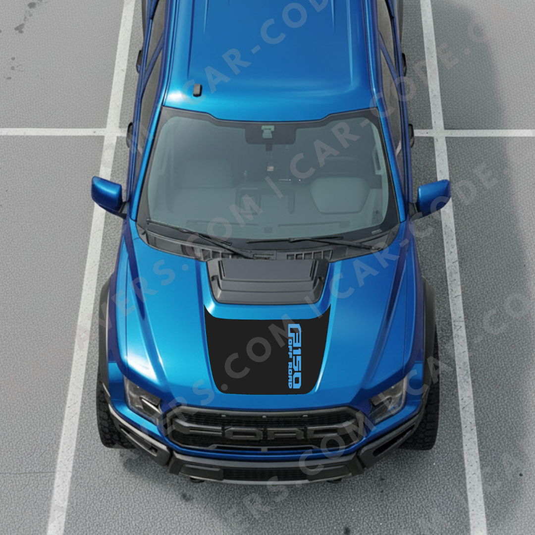 Ford F-150 Raptor Panneau de Capot – Texte de Bannière Latérale (exemple : « F150 OFF ROAD ») – Orange/Gris/Rouge/Bleu/Tan/Vert – 2017–2025 – Vinyle Découpé Mat Imprimé 3M ou Avery