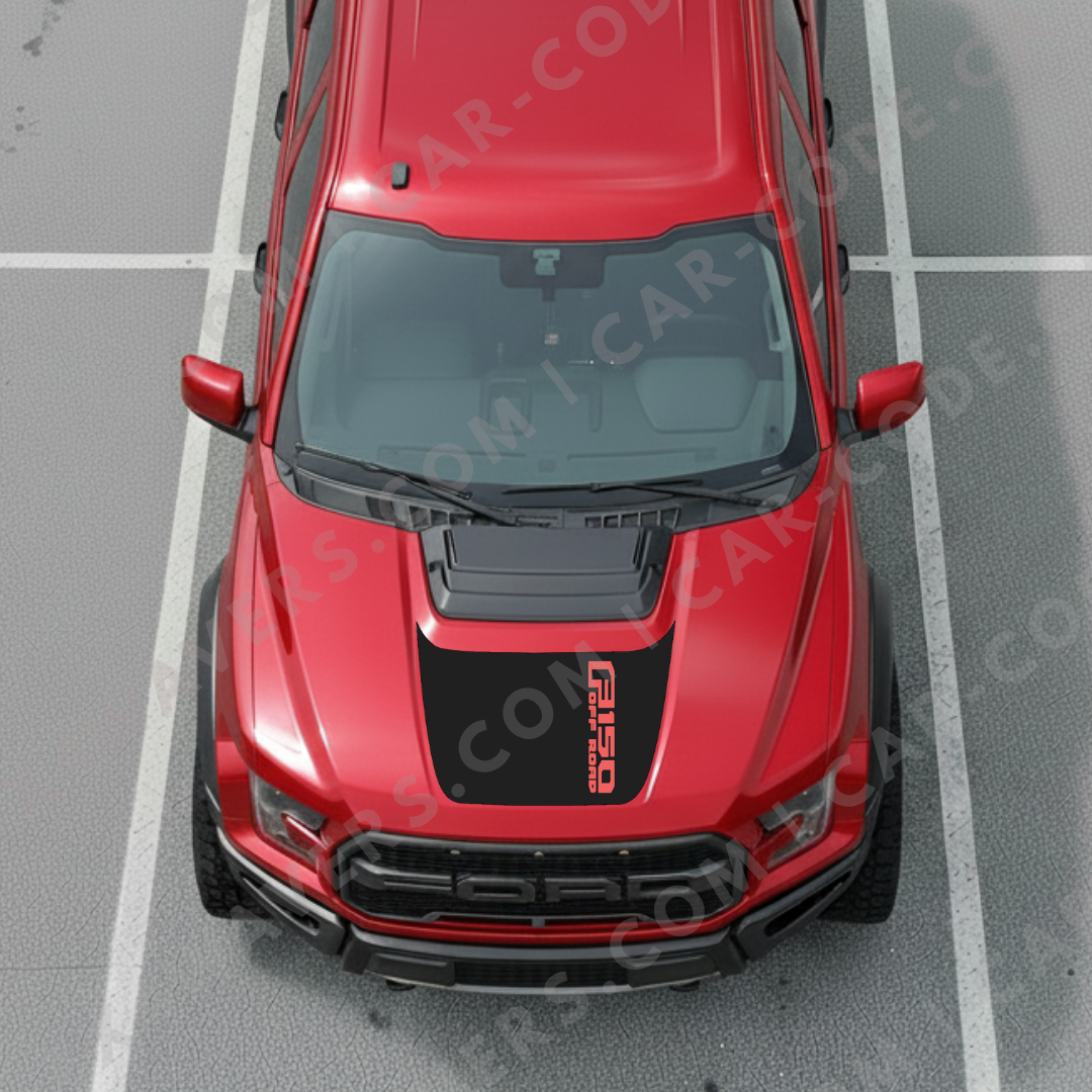 Ford F-150 Raptor Panneau de Capot – Texte de Bannière Latérale (exemple : « F150 OFF ROAD ») – Orange/Gris/Rouge/Bleu/Tan/Vert – 2017–2025 – Vinyle Découpé Mat Imprimé 3M ou Avery