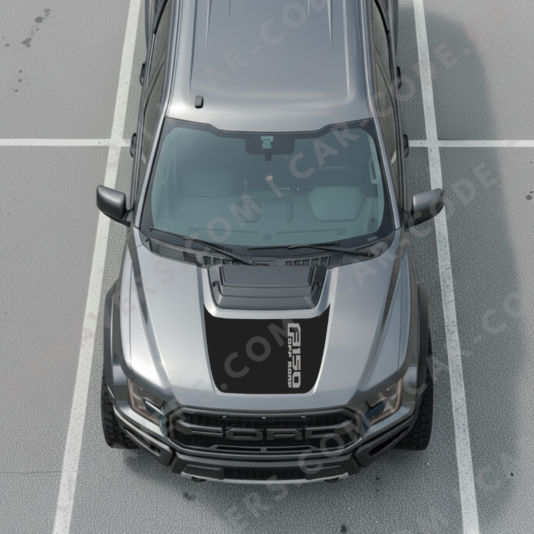 Ford F-150 Raptor Panneau de Capot – Texte de Bannière Latérale (exemple : « F150 OFF ROAD ») – Orange/Gris/Rouge/Bleu/Tan/Vert – 2017–2025 – Vinyle Découpé Mat Imprimé 3M ou Avery