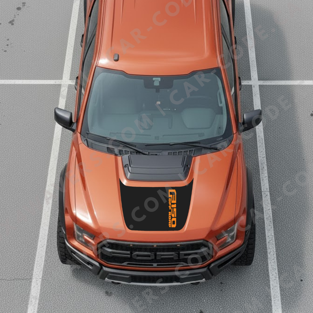 Ford F-150 Raptor Panneau de Capot – Texte de Bannière Latérale (exemple : « F150 OFF ROAD ») – Orange/Gris/Rouge/Bleu/Tan/Vert – 2017–2025 – Vinyle Découpé Mat Imprimé 3M ou Avery