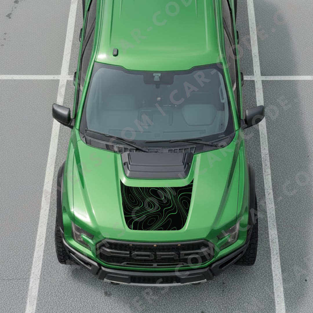 Ford F-150 Raptor Capot – Lignes topographiques audacieuses (Rouge/Vert/Bleu/Or/Gris) – 2017–2025 – Vinyle découpé mat imprimé 3M ou Avery
