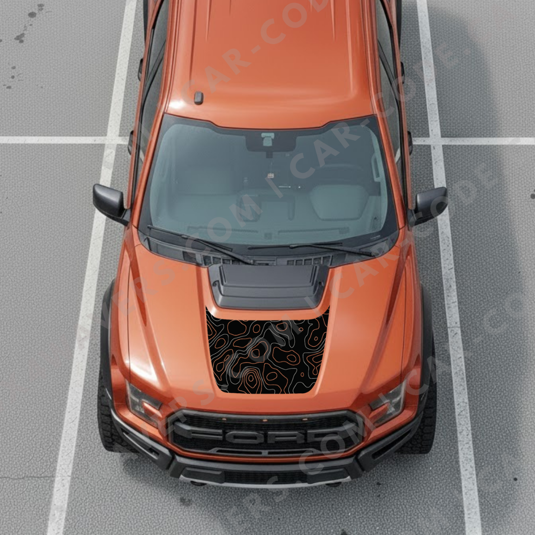 Panneau de capot Ford F-150 Raptor – Lignes topographiques (Rouge/Bleu/Or/Gris/Vert) – 2017–2025 – Vinyle découpé mat imprimé 3M ou Avery