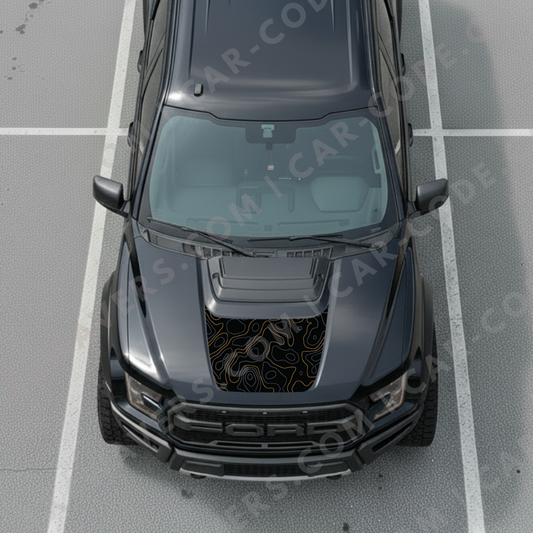 Panneau de capot Ford F-150 Raptor – Lignes topographiques (Rouge/Bleu/Or/Gris/Vert) – 2017–2025 – Vinyle découpé mat imprimé 3M ou Avery
