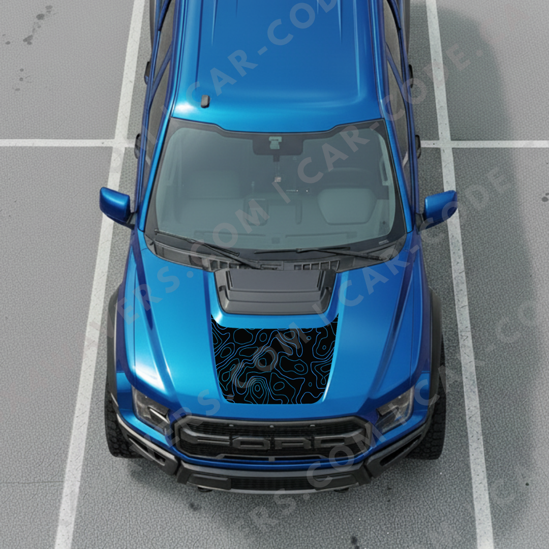 Panneau de capot Ford F-150 Raptor – Lignes topographiques (Rouge/Bleu/Or/Gris/Vert) – 2017–2025 – Vinyle découpé mat imprimé 3M ou Avery