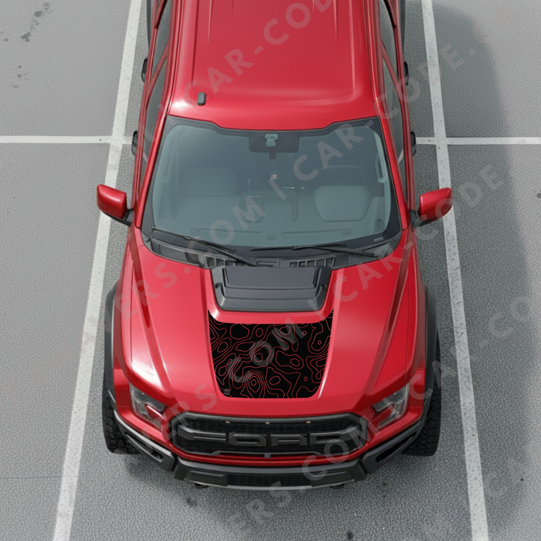 Panneau de capot Ford F-150 Raptor – Lignes topographiques (Rouge/Bleu/Or/Gris/Vert) – 2017–2025 – Vinyle découpé mat imprimé 3M ou Avery