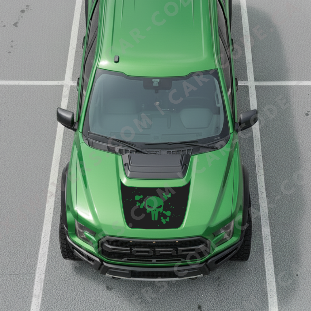 Ford F-150 Raptor Capot – Crâne & Éclaboussures de Peinture (Rouge/Gris/Bleu/Sable/Vert) – 2017–2025 – Vinyle Découpé Mat Imprimé 3M ou Avery