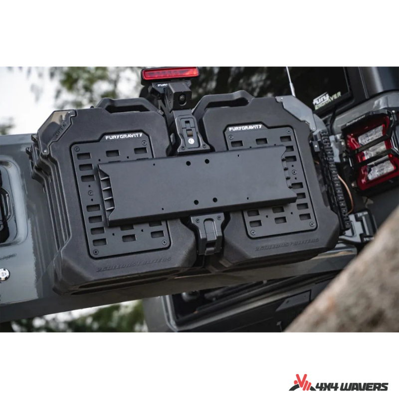 4x4wavers Fury Aluminum Multifunction Box - Tailgate Equipment Integrated Set - Rear Integrated Kit with 2 Gas Cans Tanks and storage with numeric locks - 4X4 WAVERS