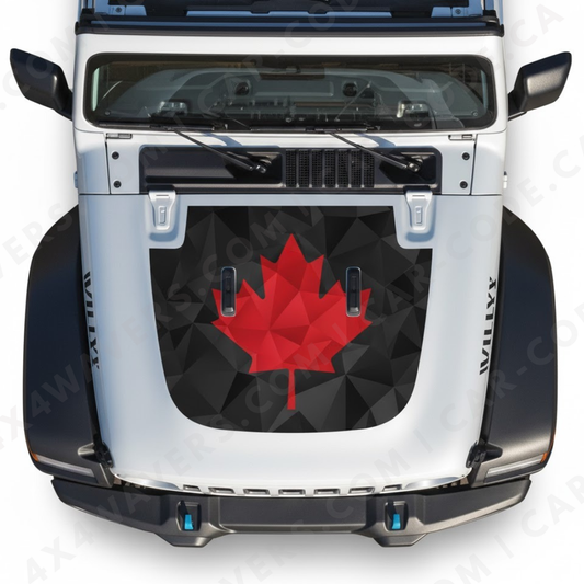 Panneau de capot Feuille d'érable facettée – Wrangler JL/JLU/JT (2018–2025) & JK/JKU (2007–2018) – Géométrique rouge sur noir – Vinyle imprimé et laminé mat 3M