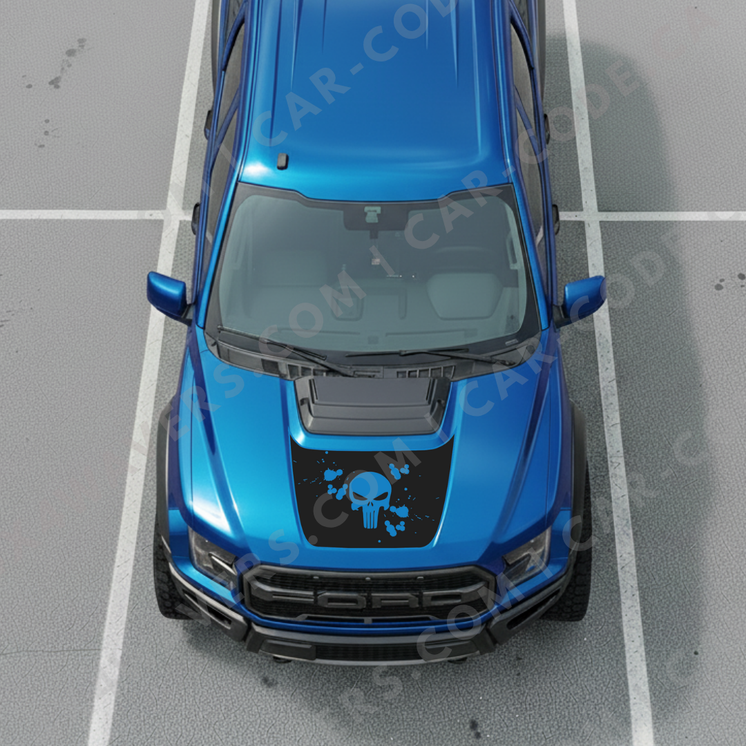 Ford F-150 Raptor Capot – Crâne & Éclaboussures de Peinture (Rouge/Gris/Bleu/Sable/Vert) – 2017–2025 – Vinyle Découpé Mat Imprimé 3M ou Avery