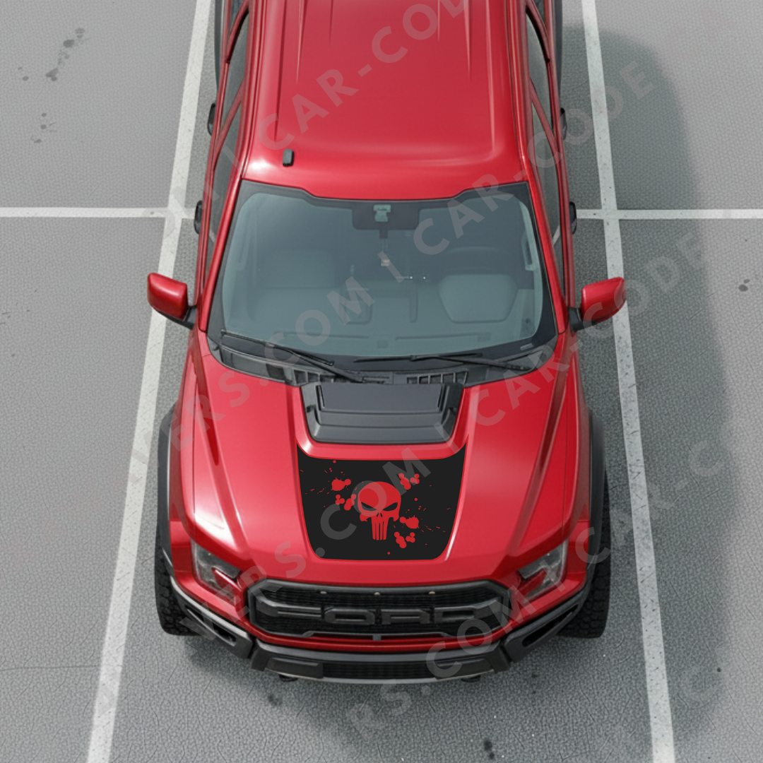 Ford F-150 Raptor Capot – Crâne & Éclaboussures de Peinture (Rouge/Gris/Bleu/Sable/Vert) – 2017–2025 – Vinyle Découpé Mat Imprimé 3M ou Avery
