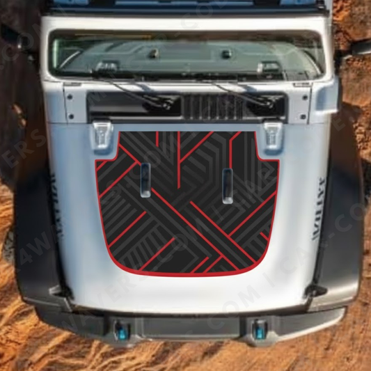 Panneau de capot Montreal Lines – Wrangler JL/JLU/JT (2018–2025) & JK/JKU (2007–2018) – Géométrie charbon avec contour rouge – Vinyle imprimé et laminé mat 3M