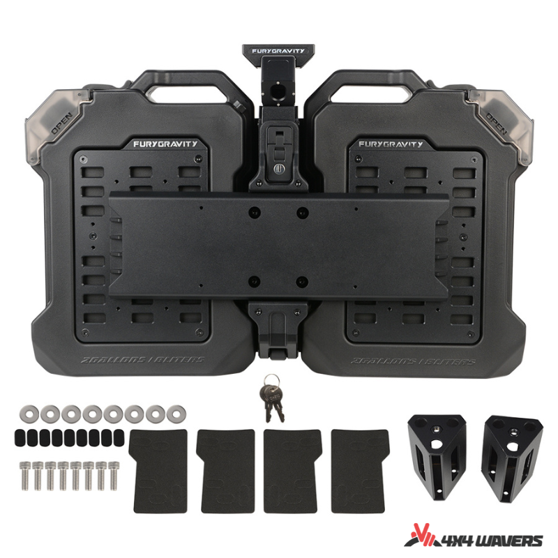4x4wavers Fury Aluminum Multifunction Box - Tailgate Equipment Integrated Set - Rear Integrated Kit with 2 Gas Cans Tanks and storage with numeric locks - 4X4 WAVERS