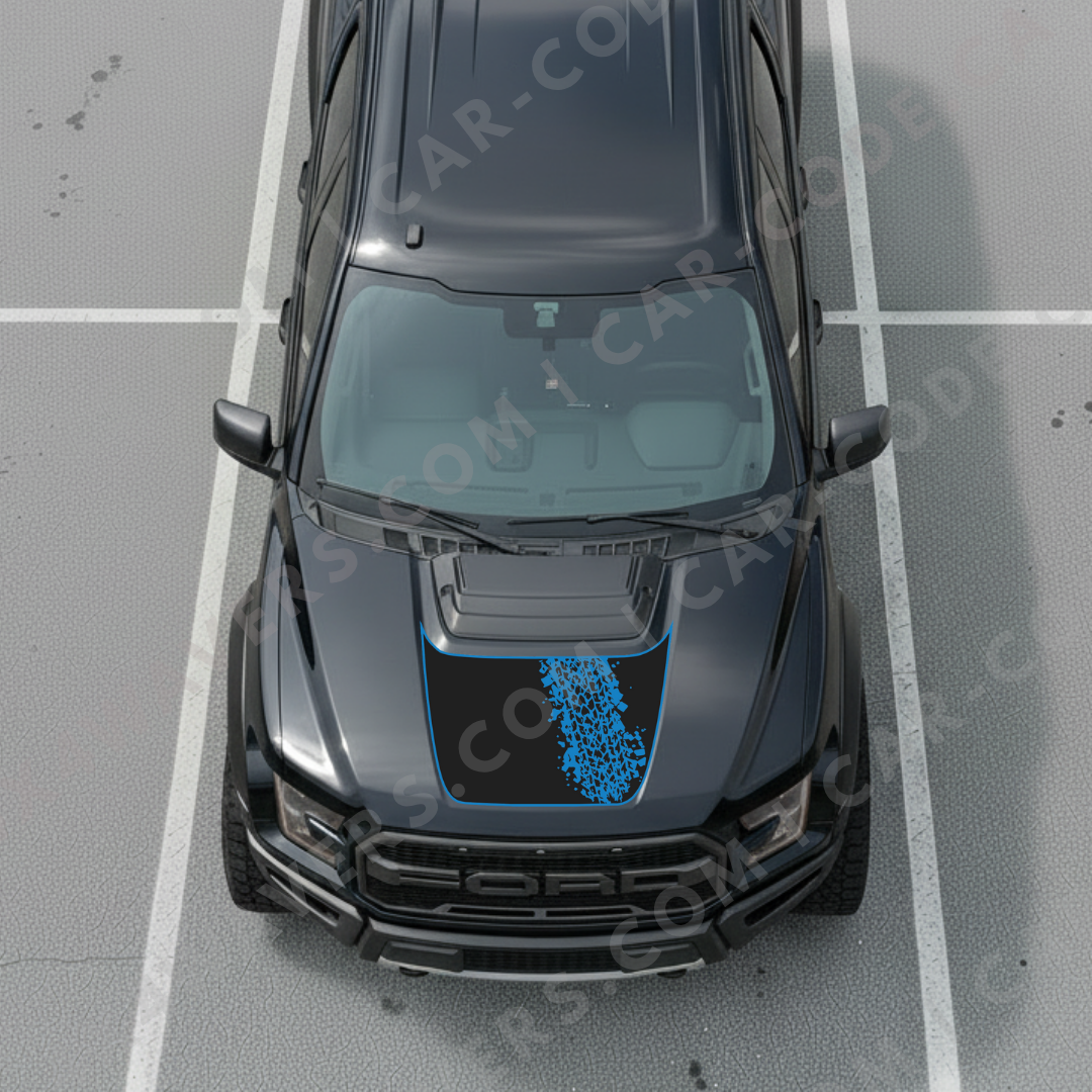 Panneau de capot Ford F-150 Raptor – Trace de pneu diagonale (bordure d'accent) – 2017–2025 – Vert/Bronze/Gris/Bleu/Rouge – Vinyle découpé mat imprimé 3M ou Avery