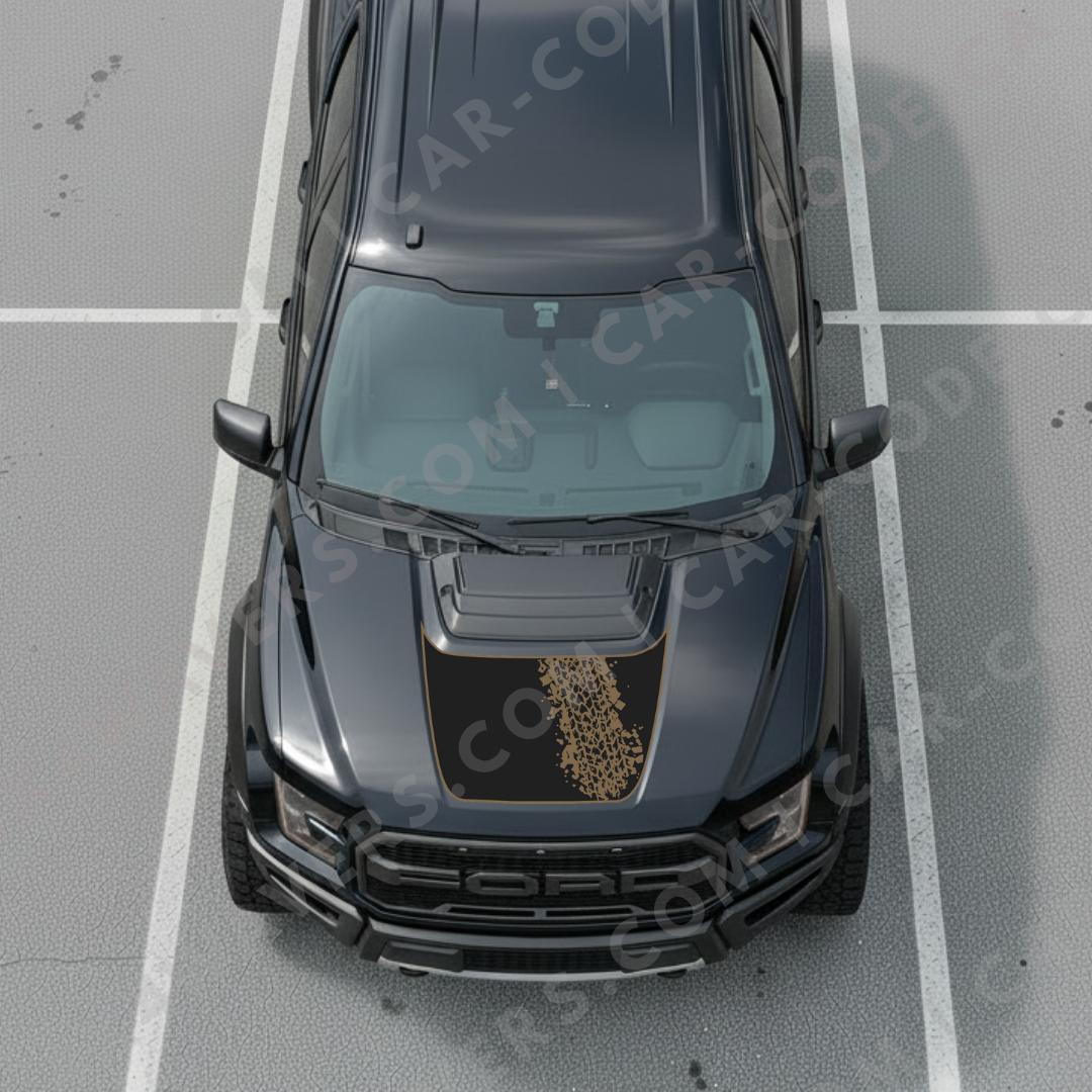Panneau de capot Ford F-150 Raptor – Trace de pneu diagonale (bordure d'accent) – 2017–2025 – Vert/Bronze/Gris/Bleu/Rouge – Vinyle découpé mat imprimé 3M ou Avery