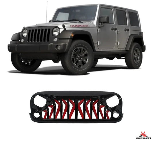 4X4WAVERS Mad Shark Series III Grille - Ready Gloss Painted Black Around and Red Inside - Jeep Wrangler JK/JKU 2007-2018