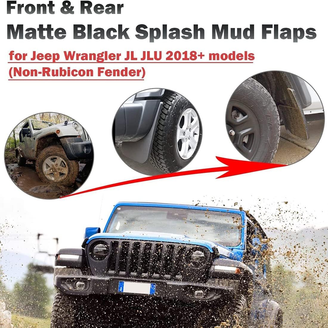 4X4WAVERS Bavettes/Protège-éclaboussures - Avant et Arrière - Jeep Wrangler JL/JLU/4XE 2018+ (seulement bas de caisse)