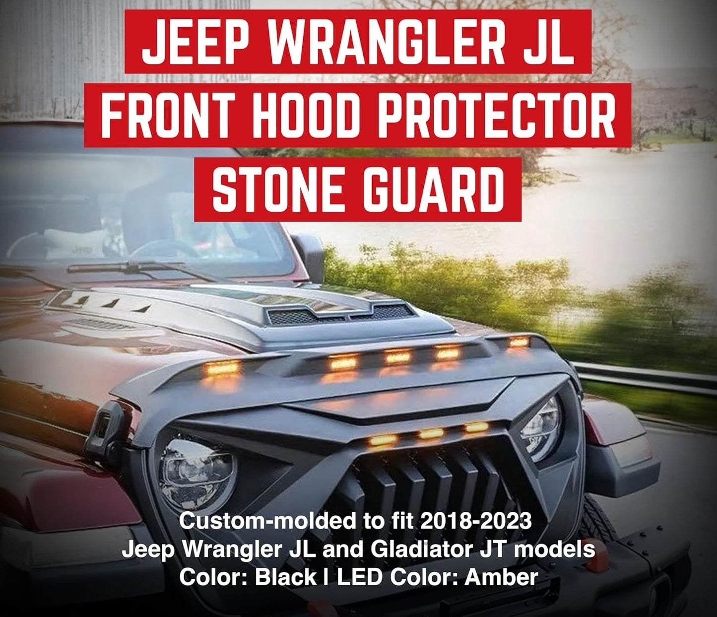 4X4WAVERS Front Hood Protector with Amber LED Lights - Stone Bug Shield - Jeep Wrangler JK/JKU 2007-2018