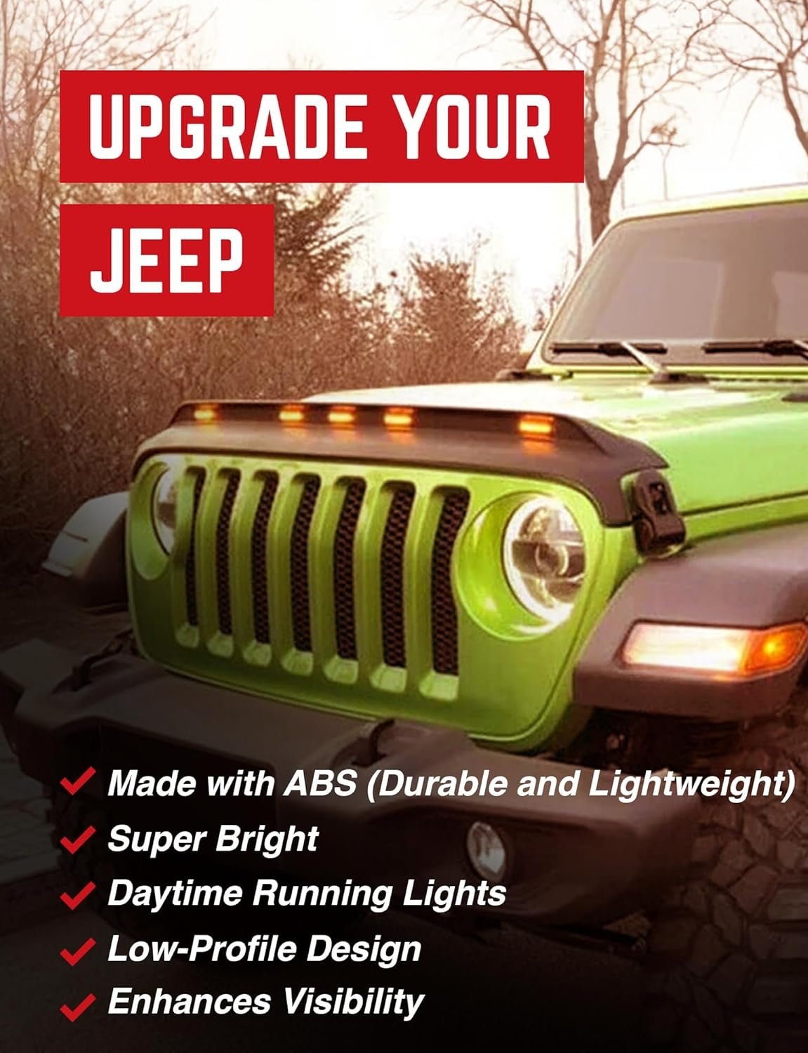 4X4WAVERS Front Hood Protector with Amber LED Lights - Stone Bug Shield - Jeep Wrangler JK/JKU 2007-2018