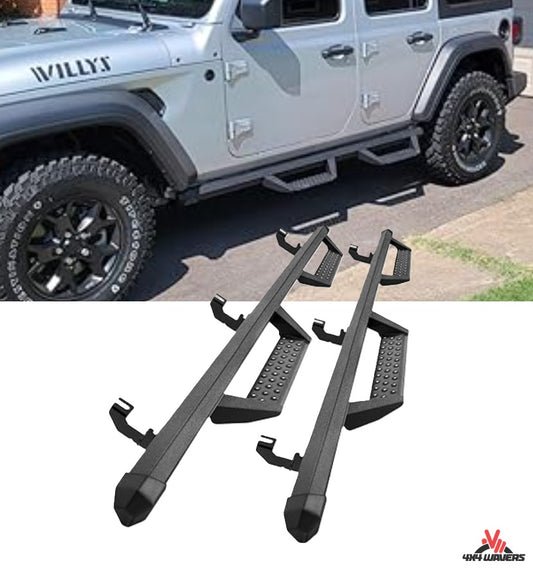4X4WAVERS Marchepieds latéraux rabattables en aluminium robuste anti-rouille - Jeep Wrangler JLU/4XE (4 portes uniquement) 2018+
