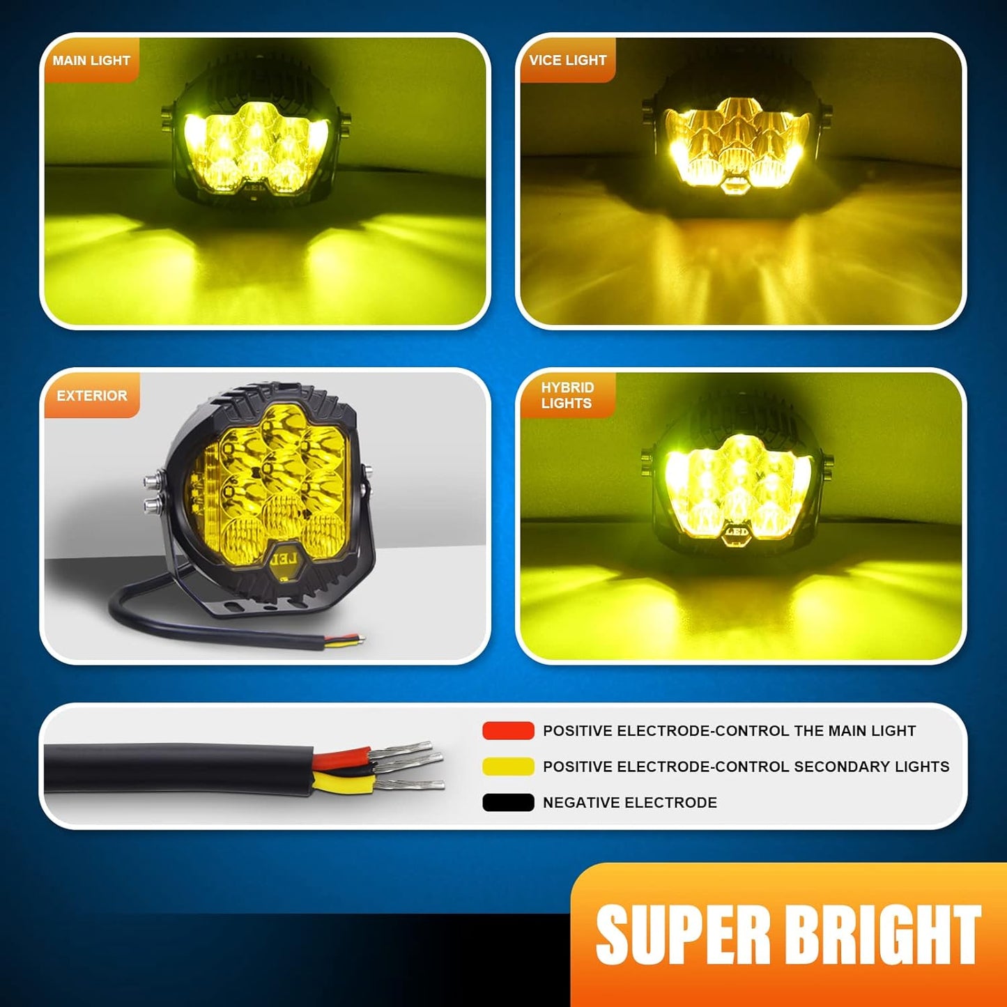 4X4WAVERS 7 inch Premium Off Road Driving White Beam and Amber DRL Light Combo Beam (Yellow) (1 Light Pod only)