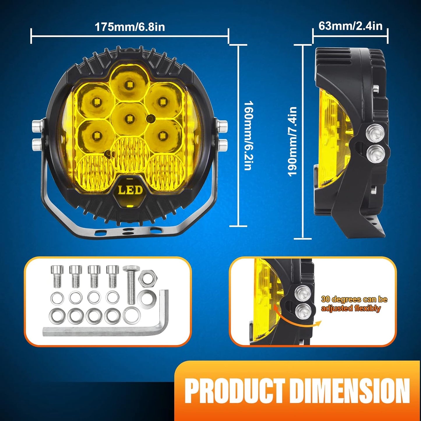 4X4WAVERS 7 inch Premium Off Road Driving White Beam and Amber DRL Light Combo Beam (Yellow) (1 Light Pod only)
