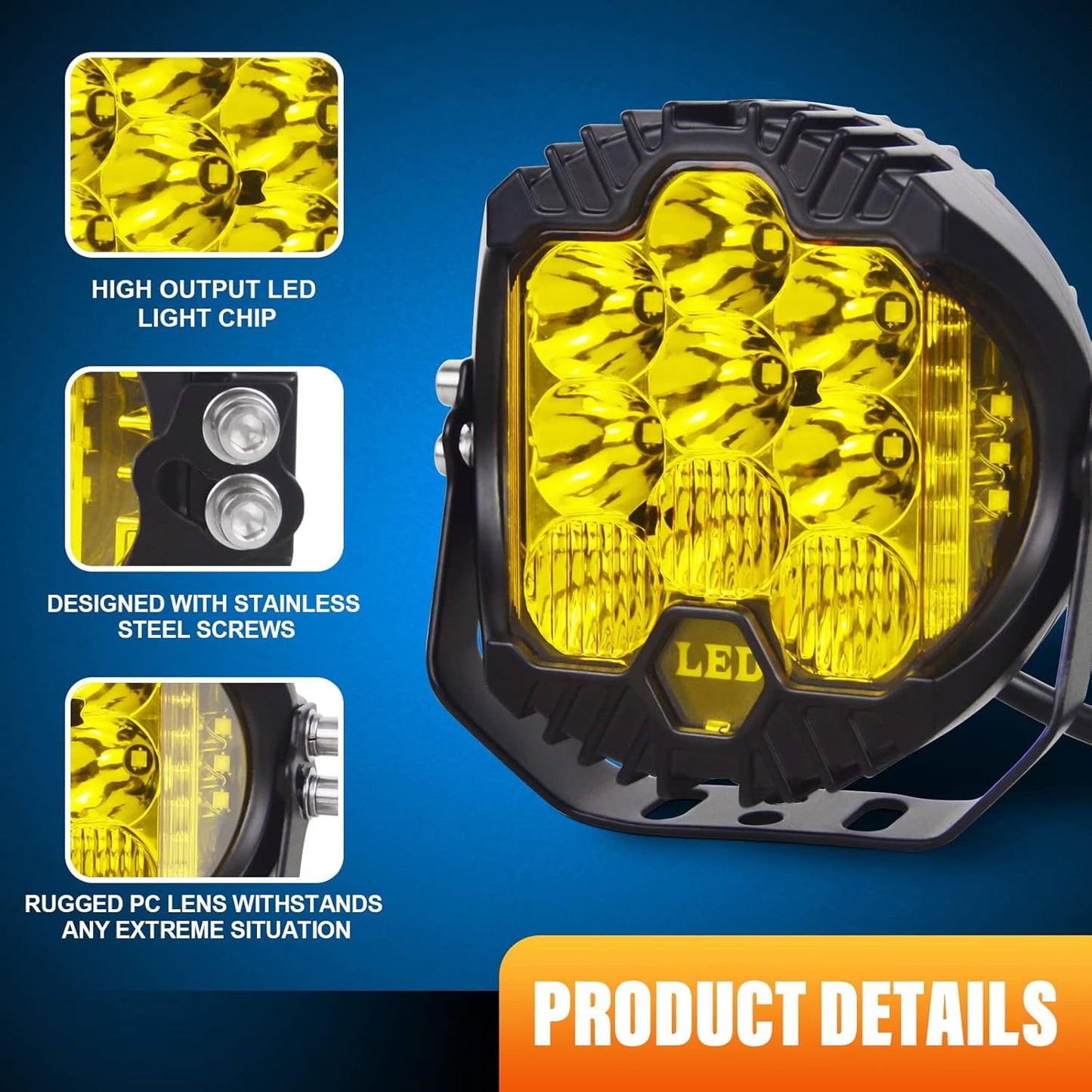 4X4WAVERS 7 inch Premium Off Road Driving White Beam and Amber DRL Light Combo Beam (Yellow) (1 Light Pod only)