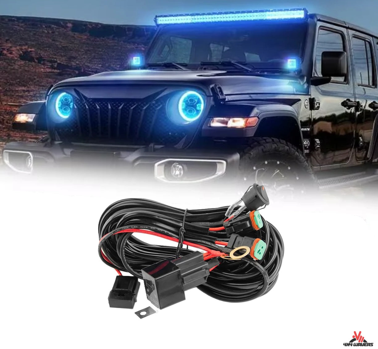 4X4Wavers 12V LED Light Bar Wiring Harness Cable Kit, DT Connector, Waterproof, 18AWG, DC 40A, ON/Off Switch, Relay Blade Fuse for LED Fog Work Lamps (2 Leads)