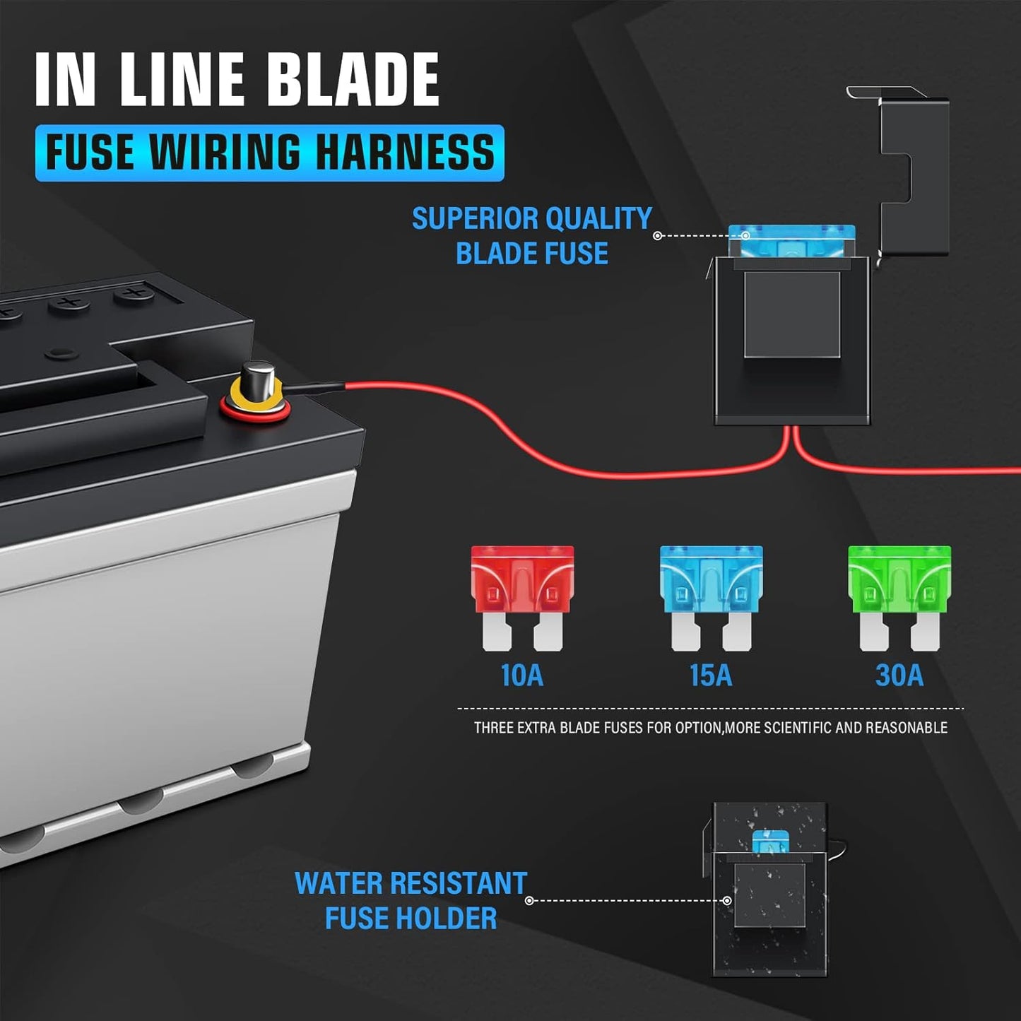 4X4Wavers 12V LED Light Bar Wiring Harness Cable Kit, DT Connector, Waterproof, 18AWG, DC 40A, ON/Off Switch, Relay Blade Fuse for LED Fog Work Lamps (2 Leads)