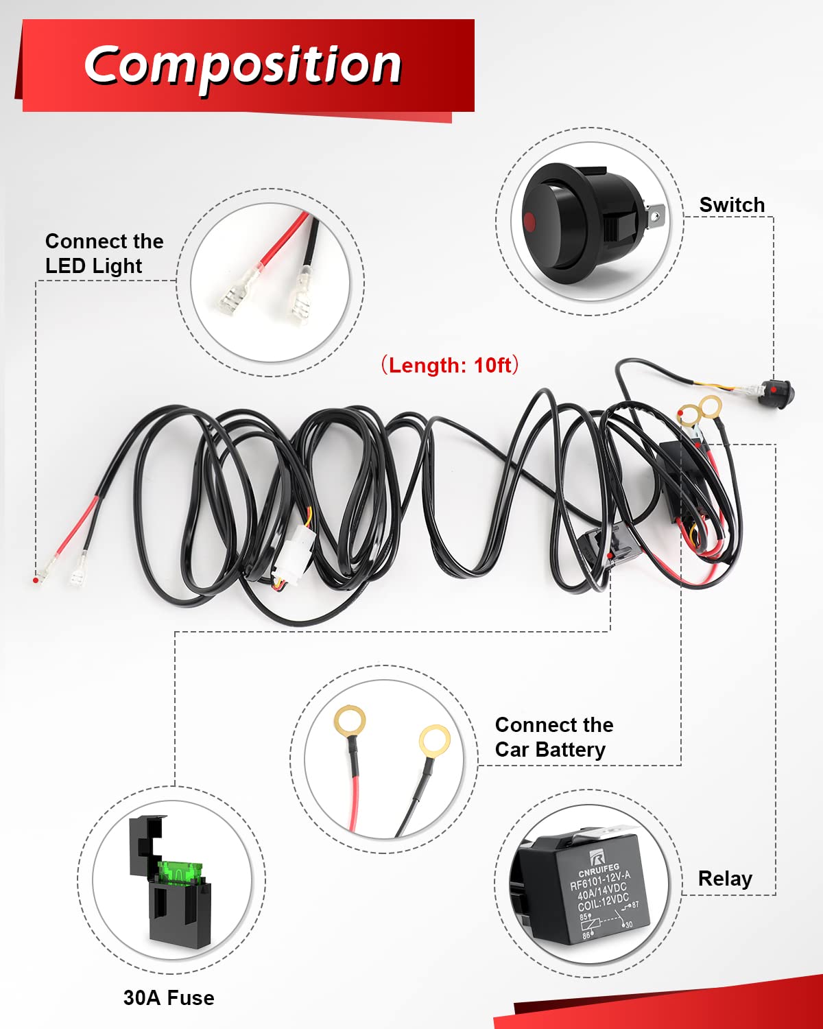 4X4Wavers Wiring Harness for LED Light Bar 1 Lead 12V 16AWG Switch Relay Wire Harness Kit for Offroad LED Pods Light Fog Lights
