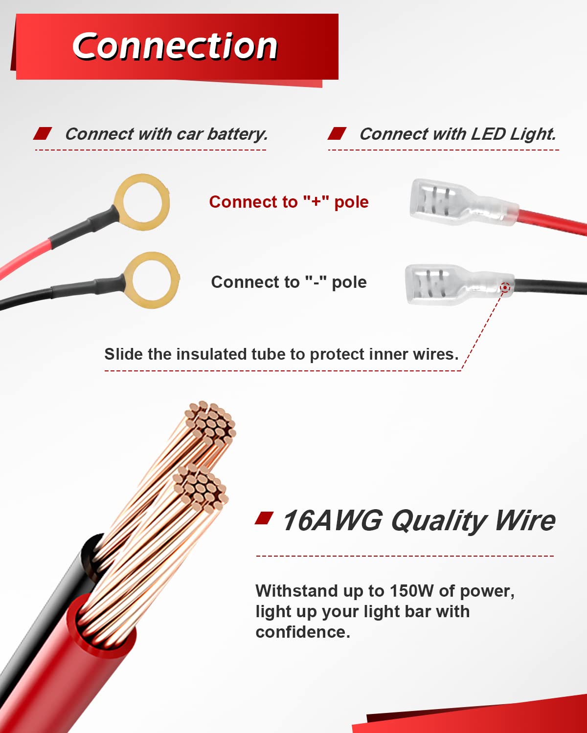 4X4Wavers Wiring Harness for LED Light Bar 1 Lead 12V 16AWG Switch Relay Wire Harness Kit for Offroad LED Pods Light Fog Lights