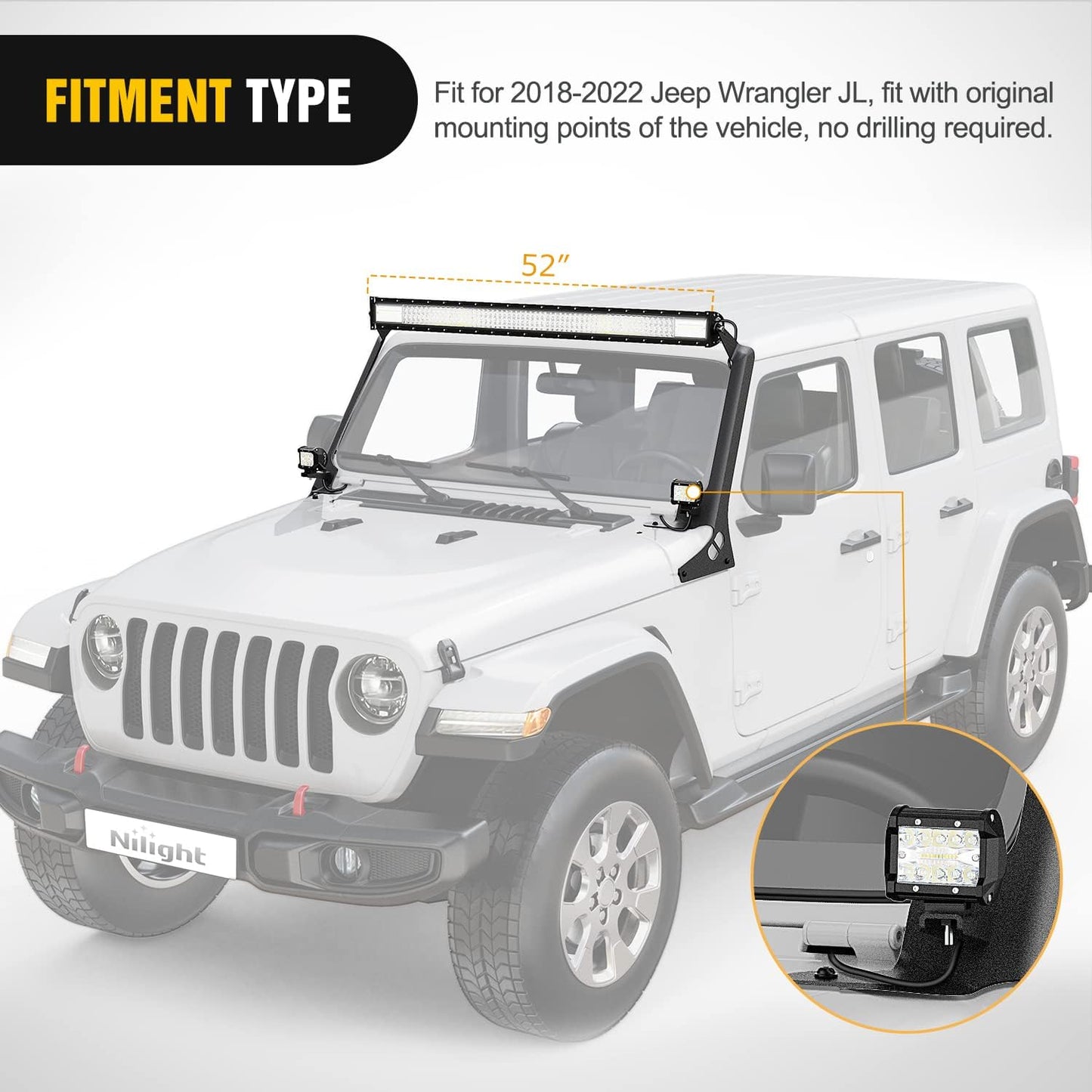 4X4WAVERS 52" Light Bar Windshield Mounting Brackets (with A pillar) - Jeep Wrangler JL/JLU/Gladiator-JT 2018+