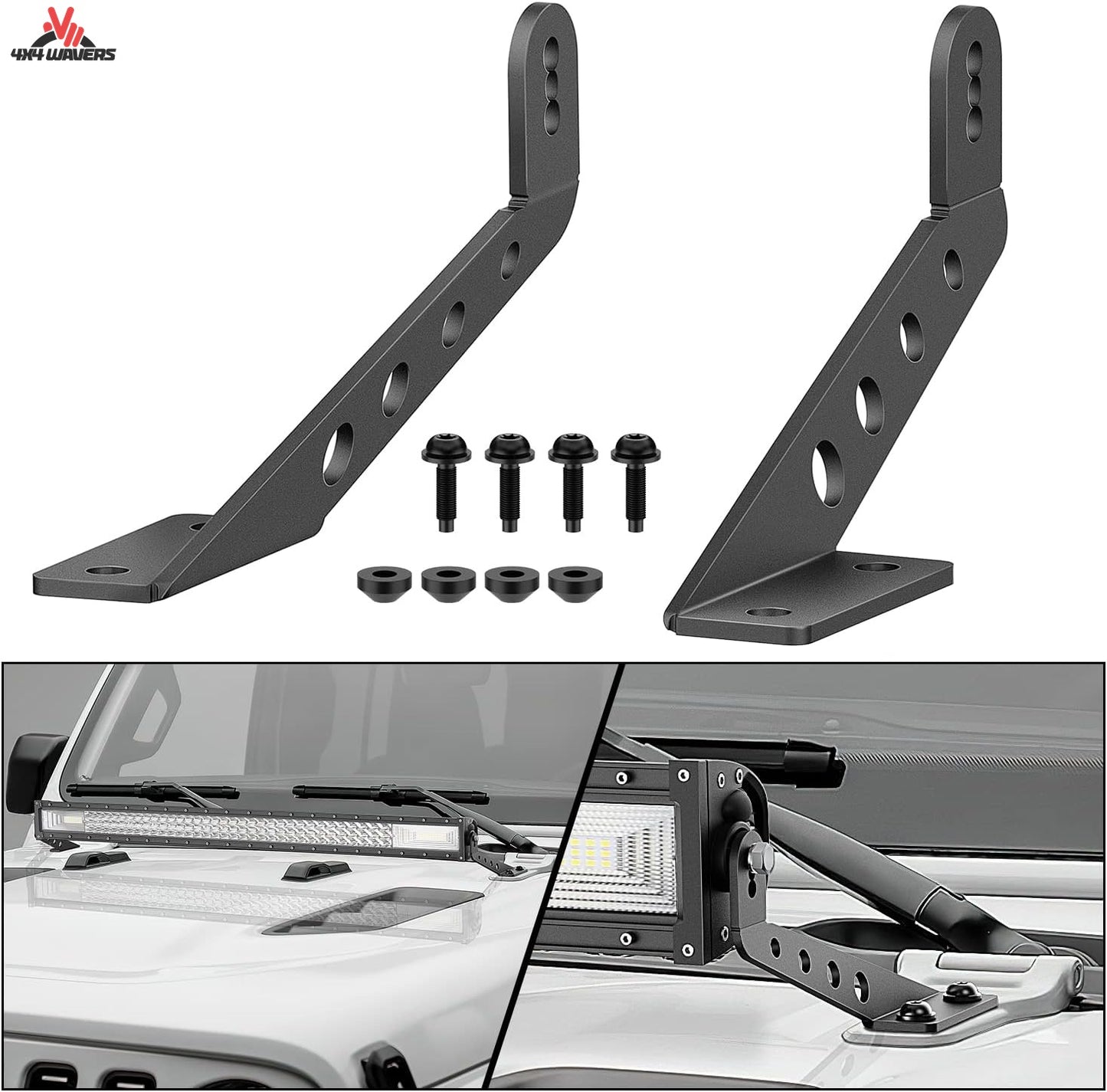 4X4WAVERS Straight Work Light Bar Hood Mounts Bracket Kit - 32 inch - Jeep Wrangler JL/JLU/4XE/Gladiator-JT 2018+